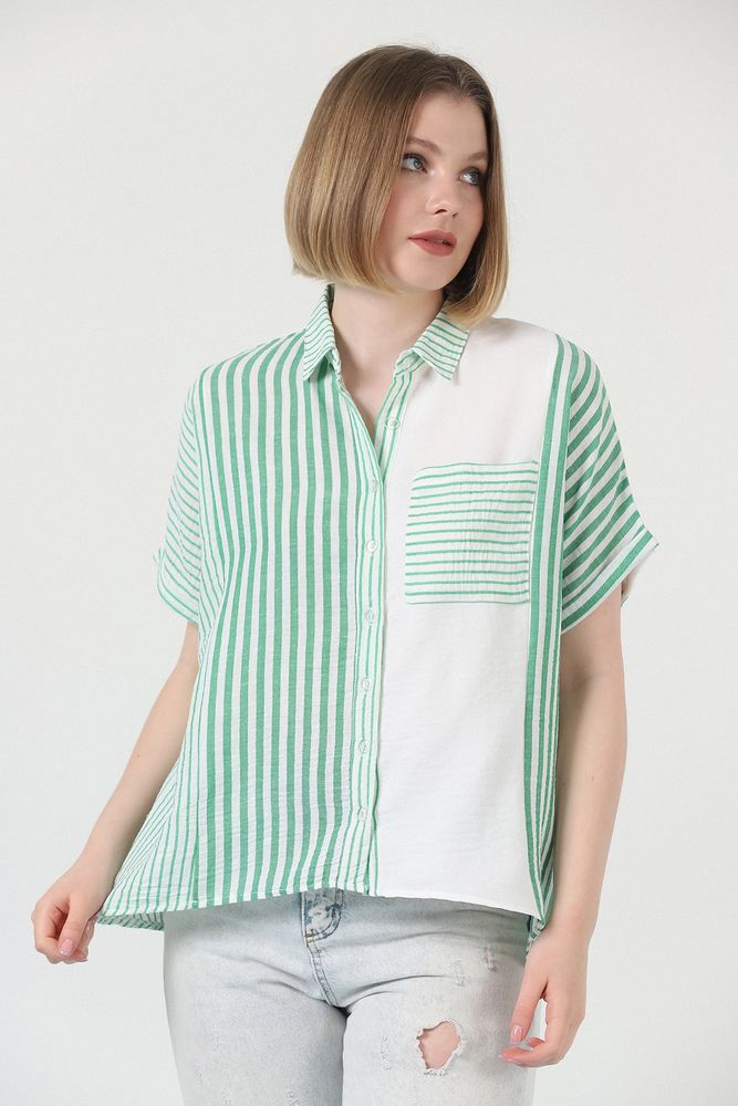 Patched Striped Shirt – Emerald & – Brand: Topshow – Women & Kids, Baby Clothes Wholesale – TheBS Women
