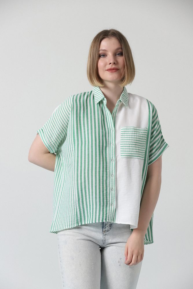 Patched Striped Shirt – Emerald & – Brand: Topshow – Women & Kids, Baby Clothes Wholesale – TheBS Women
