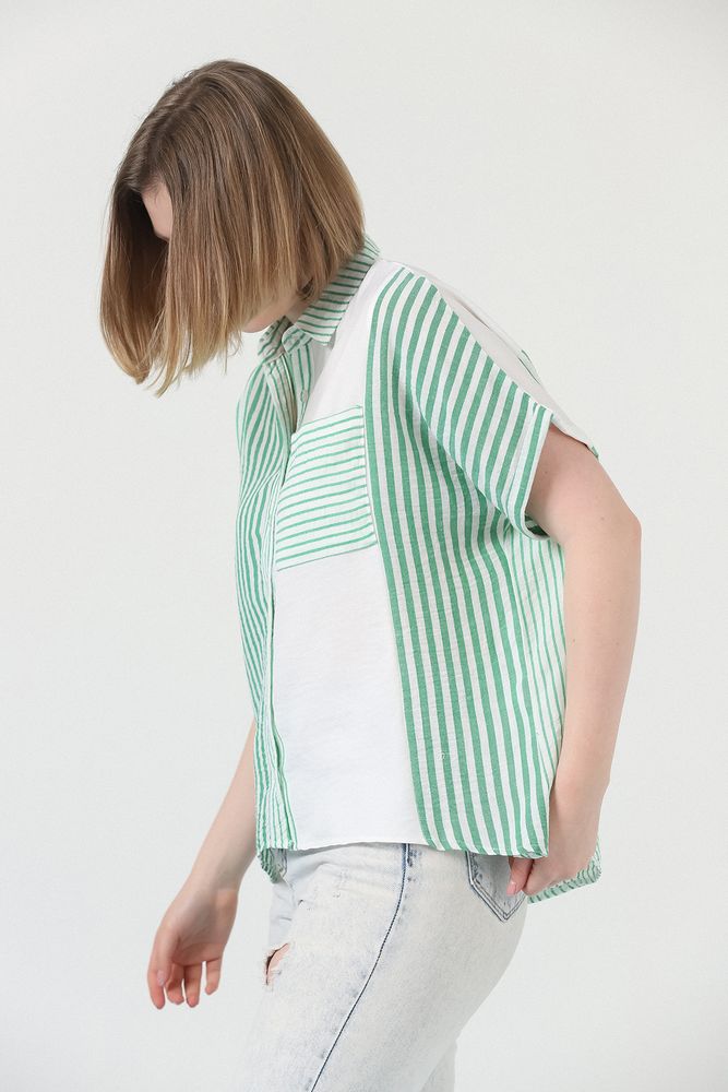 Patched Striped Shirt – Emerald & – Brand: Topshow – Women & Kids, Baby Clothes Wholesale – TheBS Women