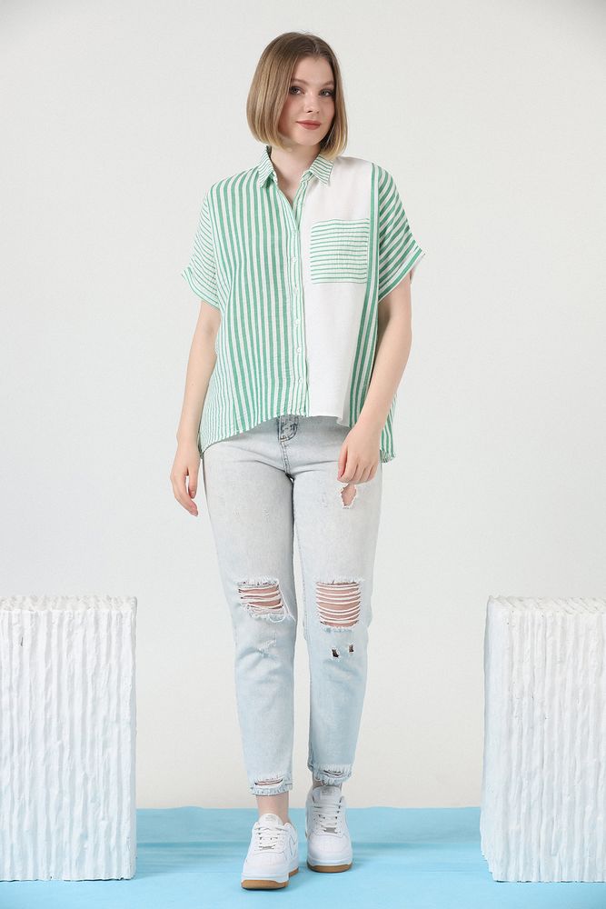 Patched Striped Shirt – Emerald & – Brand: Topshow – Women & Kids, Baby Clothes Wholesale – TheBS Women