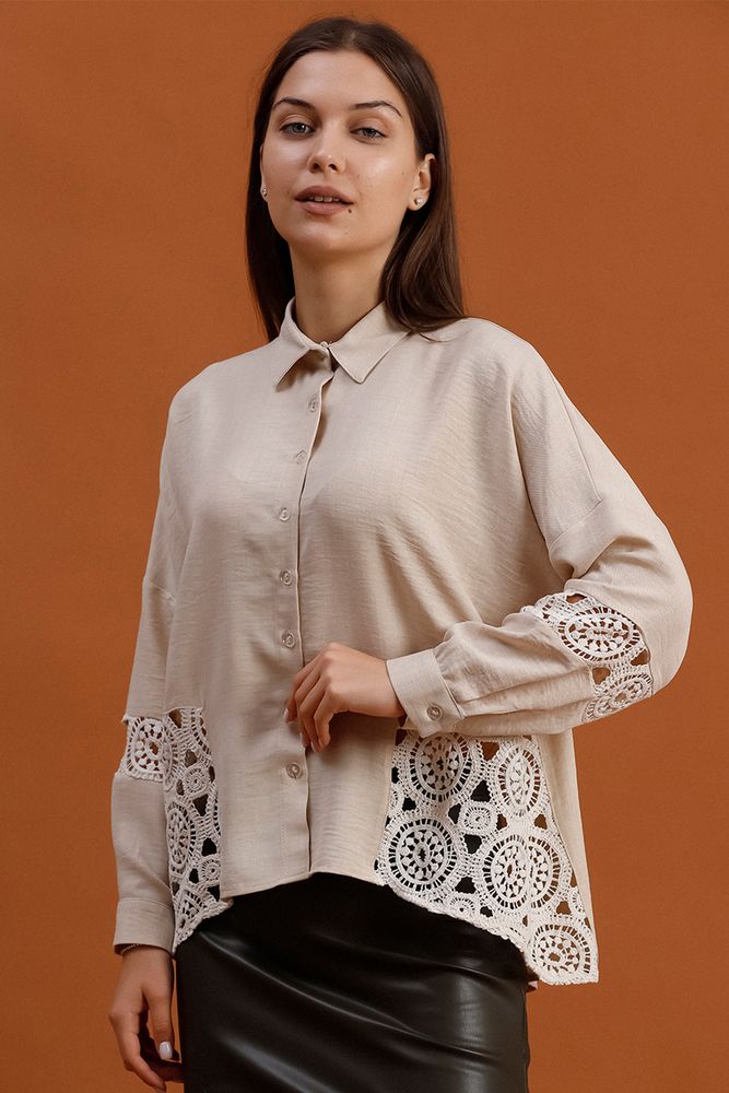Lace Decorated Shirt – Beige – Brand: Topshow – Women & Kids, Baby Clothes Wholesale – TheBS Women