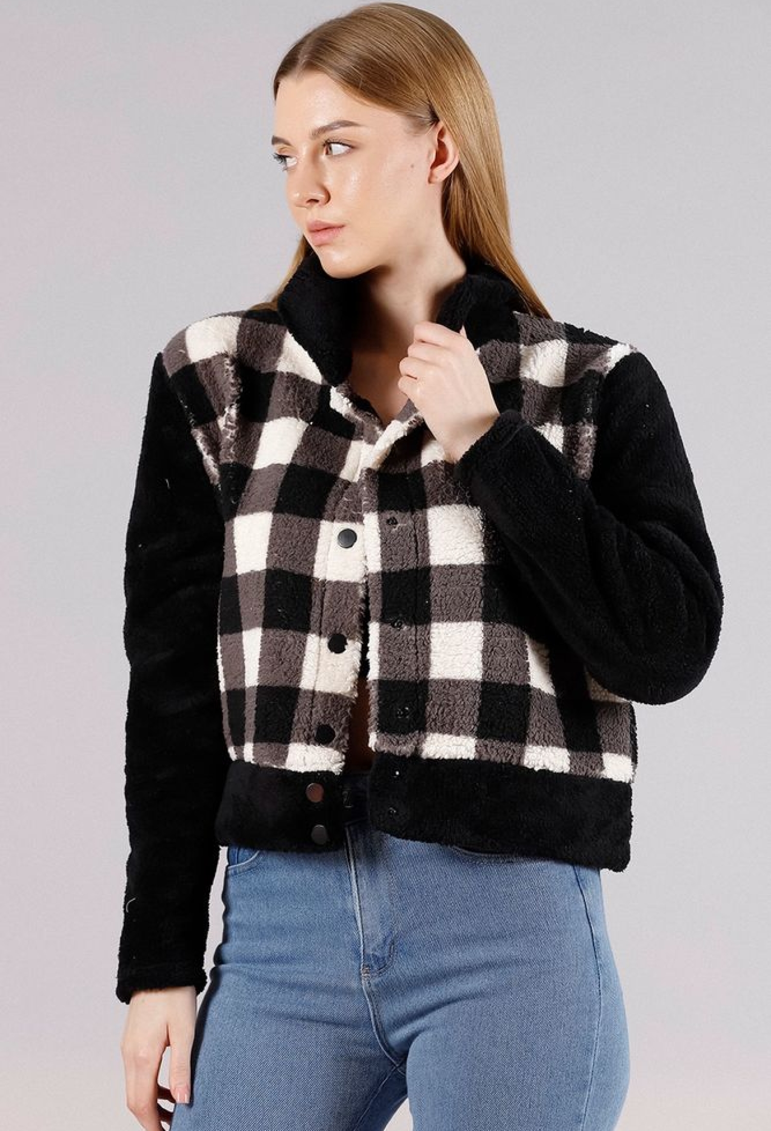 Black Checkerboard Fleece Snap Jacket - Brand: Topshow - Women & Kids, Baby Clothes Wholesale - TheBS Women
