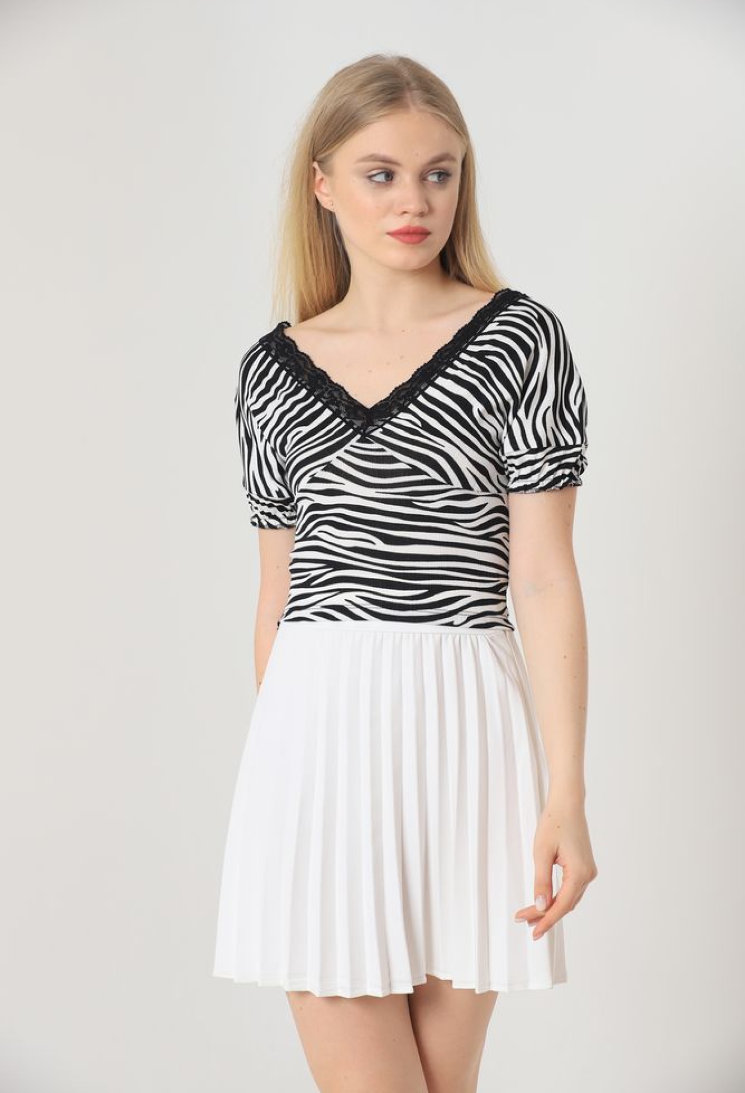 Black Zebra V-Neck Lace Blouse - Brand: Topshow - Women & Kids, Baby Clothes Wholesale - TheBS Women