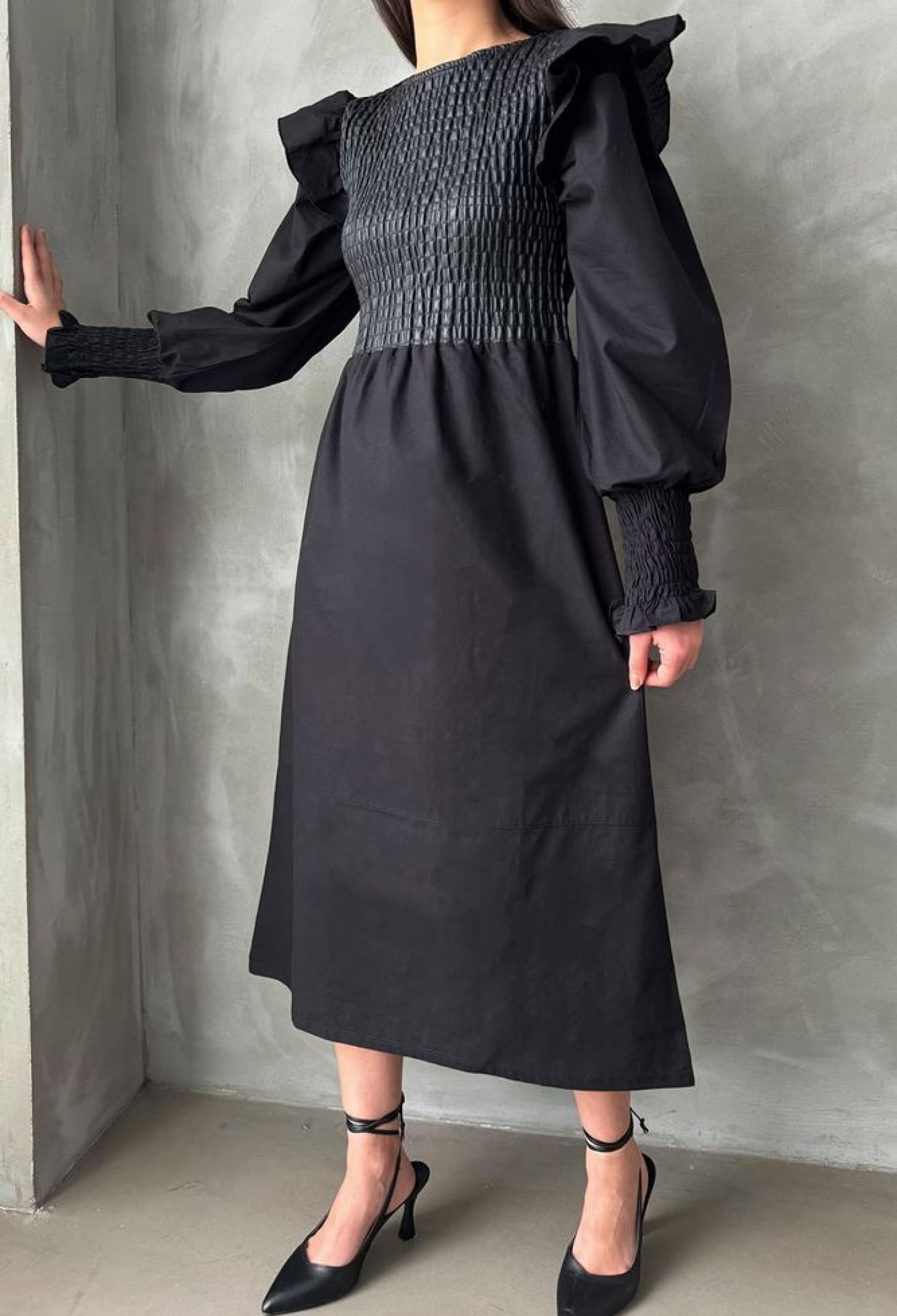 Black Size Leather Sleeve Skirt Poplin Dress - Brand: Topshow - Women & Kids, Baby Clothes Wholesale - TheBS Women