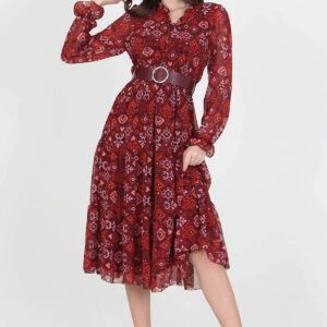 Patterned Chiffon Dress With Belt Tie Neck Detail - Brand: Mode Roy - Women & Kids, Baby Clothes Wholesale - TheBS Women