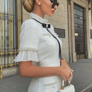 Cachet Fabric Pearl And Brooch Detailed Dress - White - Brand: Mode Roy - Women & Kids, Baby Clothes Wholesale - TheBS Women