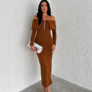 Madonna Collar Zipper Detailed Knit Dress - Tan - Brand: Mode Roy - Women & Kids, Baby Clothes Wholesale - TheBS Women