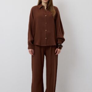 Buttoned Bat Sleeve Oversize Shirt - Brown - Brand: Levure - Women & Kids, Baby Clothes Wholesale - TheBS Women