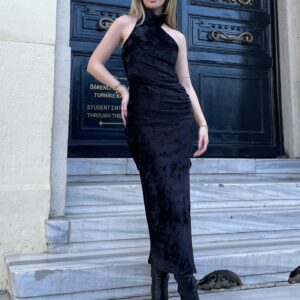 Asymmetrical Collar Velvet Midi Dress Black - Brand: Juste - Women & Kids, Baby Clothes Wholesale - TheBS Women