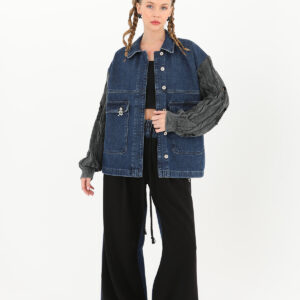 Knitted Sleeve Detailed Denim Jacket -& Blue - Brand: SOUL - Women & Kids, Baby Clothes Wholesale - TheBS Women