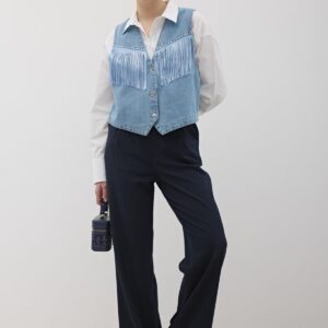 Tassel Detailed Front Buttoned Denim Vest Stone Wash - Blue - Brand: Levure - Women & Kids, Baby Clothes Wholesale - TheBS Women