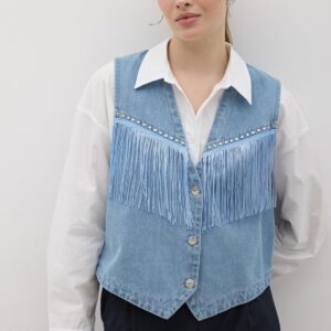 Tassel Detailed Front Buttoned Denim Vest Stone Wash - Blue - Brand: Levure - Women & Kids, Baby Clothes Wholesale - TheBS Women