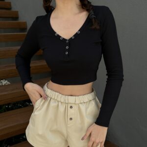 Open Neck Snap Detailed Long Sleeve Crop Ribbed Knitted Blouse 29128 - Brand: First Angels - Women & Kids, Baby Clothes Wholesale - TheBS Women