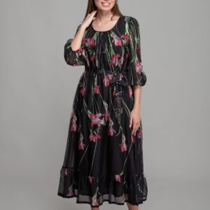 Round Neck Floral Pattern Print Dress - Multicolor - Brand: GUMANIZE - Women & Kids, Baby Clothes Wholesale - TheBS Women