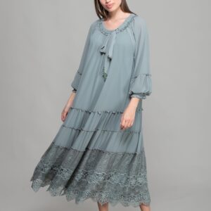 Round Neck Ruffle Chiffon Dress - Cagla Green - Brand: GUMANIZE - Women & Kids, Baby Clothes Wholesale - TheBS Women