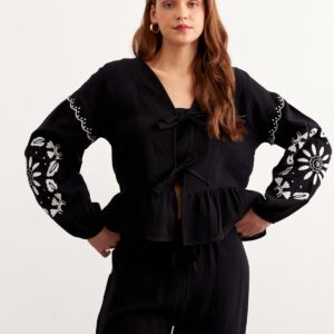 Embroidery Detailed Front Tie Muesli Blouse Black - Brand: Levure - Women & Kids, Baby Clothes Wholesale - TheBS Women