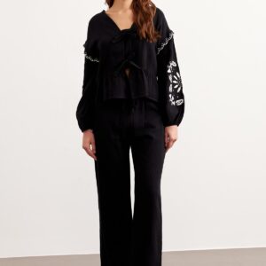 Embroidery Detailed Front Tie Muesli Blouse Black - Brand: Levure - Women & Kids, Baby Clothes Wholesale - TheBS Women