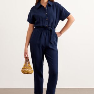 Waist Belt Button Detailed Long Jumpsuit Navy - Brand: Levure - Women & Kids, Baby Clothes Wholesale - TheBS Women