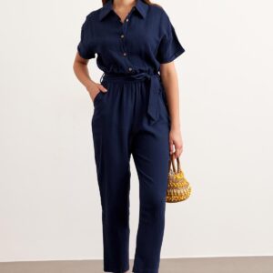 Waist Belt Button Detailed Long Jumpsuit Navy - Brand: Levure - Women & Kids, Baby Clothes Wholesale - TheBS Women