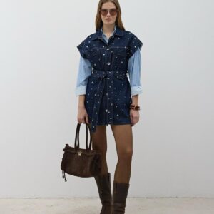 Waist Belt Front Buttoned Denim Vest Rins Wash - Navy - Brand: Levure - Women & Kids, Baby Clothes Wholesale - TheBS Women