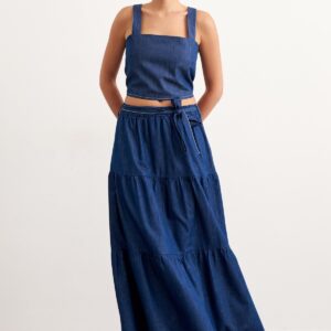 Belted Long Denim Skirt Rins Wash - Blue - Brand: Levure - Women & Kids, Baby Clothes Wholesale - TheBS Women