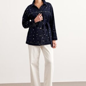 Waist Belt Detailed Drop Pleated Denim Jacket Rins Wash - Navy - Brand: Levure - Women & Kids, Baby Clothes Wholesale - TheBS Women