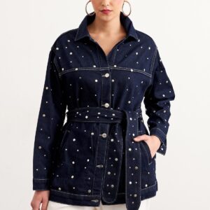 Waist Belt Detailed Drop Pleated Denim Jacket Rins Wash - Navy - Brand: Levure - Women & Kids, Baby Clothes Wholesale - TheBS Women