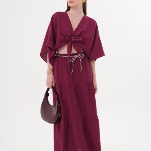 Elastic Waist And Cord Detailed Long Skirt Burgundy - Brand: Levure - Women & Kids, Baby Clothes Wholesale - TheBS Women