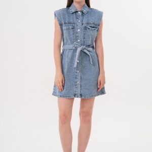 Shoulder Wadding Detailed Belted Dress Snow Wash - Brand: Levure - Women & Kids, Baby Clothes Wholesale - TheBS Women