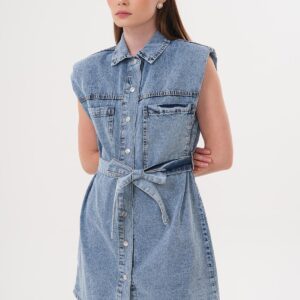 Shoulder Wadding Detailed Belted Dress Snow Wash - Brand: Levure - Women & Kids, Baby Clothes Wholesale - TheBS Women