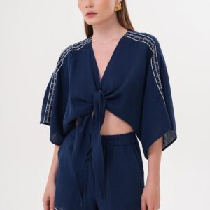 Shoulder Embroidery Detailed Tie Waist Shirt Navy - Brand: Levure - Women & Kids, Baby Clothes Wholesale - TheBS Women