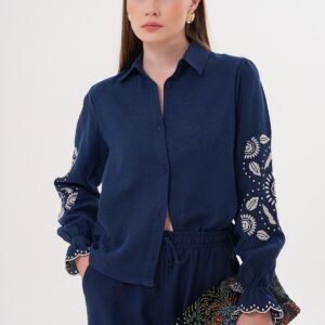 Sleeve Embroidery Detailed Front Buttoned Shirt Navy - Brand: Levure - Women & Kids, Baby Clothes Wholesale - TheBS Women