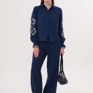 Sleeve Embroidery Detailed Front Buttoned Shirt Navy - Brand: Levure - Women & Kids, Baby Clothes Wholesale - TheBS Women