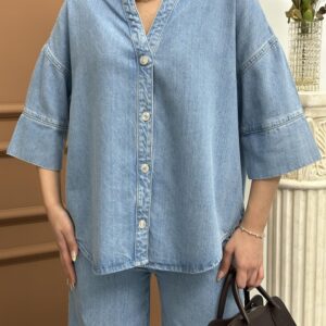 Half Sleeve Back Bridge Detail Light Blue Denim Shirt - Brand: LACARINO - Women & Kids, Baby Clothes Wholesale - TheBS Women