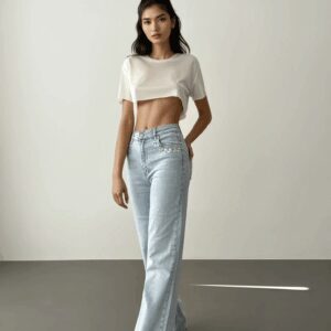 High Waist Pocket Front Pocket Stone Embroidery Detailed LightJeans Pants - Brand: LACARINO - Women & Kids, Baby Clothes Wholesale - TheBS Women