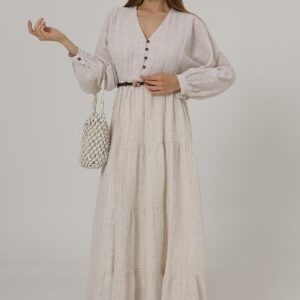 Long Sleeve Belted Dress With Half Button Front - Natural - Brand: Reyon - Women & Kids, Baby Clothes Wholesale - TheBS Women