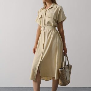 Beige Casual Elegant Midi Shirt Dress - Brand: Reyon - Women & Kids, Baby Clothes Wholesale - TheBS Women