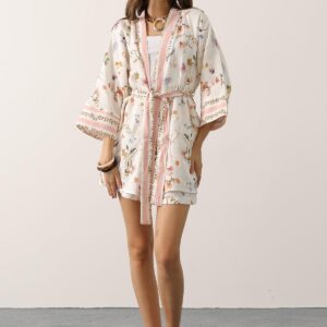 White Kimono With Floral Pattern And Shawl Collar - Brand: Reyon - Women & Kids, Baby Clothes Wholesale - TheBS Women