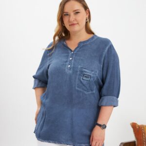 Blue Casual Plus Size Blouse With Grandad Neck - Brand: RMG - Women & Kids, Baby Clothes Wholesale - TheBS Women
