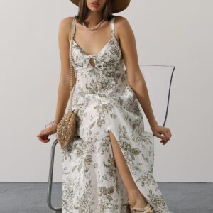 Elegant White Slip Dress With Floral V-Neck Maxi - Brand: Reyon - Women & Kids, Baby Clothes Wholesale - TheBS Women