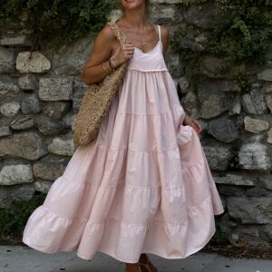 Pink Babydoll Maxi Dress With V-Neck Sleeveless Style - Brand: Cream Rouge - Women & Kids, Baby Clothes Wholesale - TheBS Women