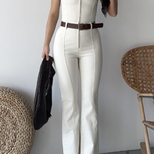Beige Tailored Slim Fit Jumpsuit With Cap Sleeves - Brand: XLove - Women & Kids, Baby Clothes Wholesale - TheBS Women