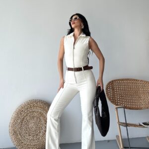 Beige Tailored Slim Fit Jumpsuit With Cap Sleeves - Brand: XLove - Women & Kids, Baby Clothes Wholesale - TheBS Women