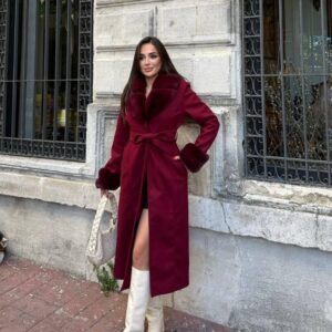 Claret Red Elegant Slim Fit Fur Wrapover Coat - Brand: My Jest Fashion - Women & Kids, Baby Clothes Wholesale - TheBS Women