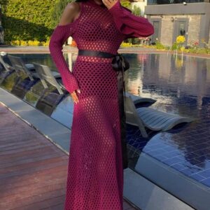 Satin Belt Openwork Knitwear Dress - Plum - Brand: Sobe Istanbul - Women & Kids, Baby Clothes Wholesale - TheBS Women