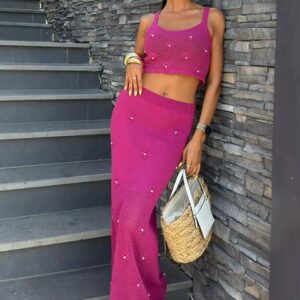 Pearl And Flower Detailed Bustier Knitwear Set - Mürdüm - Brand: Sobe Istanbul - Women & Kids, Baby Clothes Wholesale - TheBS Women