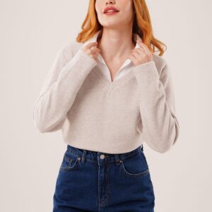 Beige Blouse With V-Neck And Long Straight Sleeves - Brand: Lustrin - Women & Kids, Baby Clothes Wholesale - TheBS Women