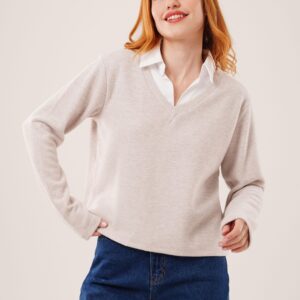 Beige Blouse With V-Neck And Long Straight Sleeves - Brand: Lustrin - Women & Kids, Baby Clothes Wholesale - TheBS Women