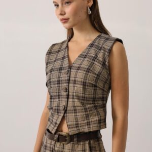 Beige Vintage Plaid Buttoned Vest - Brand: Reyon - Women & Kids, Baby Clothes Wholesale - TheBS Women