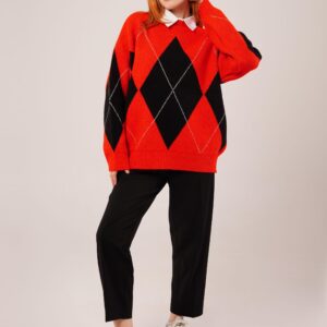 Red Argyle Oversized Fit Sweater - Brand: Lustrin - Women & Kids, Baby Clothes Wholesale - TheBS Women